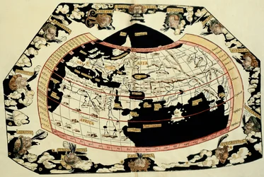 Mapa světa podle popisů a souřadnic uvedených v „Geographia“ od Ptolemaia (Claudius Ptolemaeus z Alexandrie) (asi 90-168 n. l.)